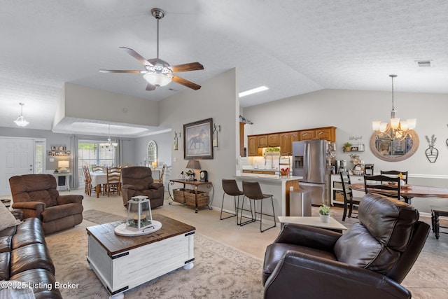 8506 Hunting Stock Pl, Louisville, KY 40291 - living room with a chandelier, a ceiling fan, baseboards, lofted ceiling, and a textured ceiling