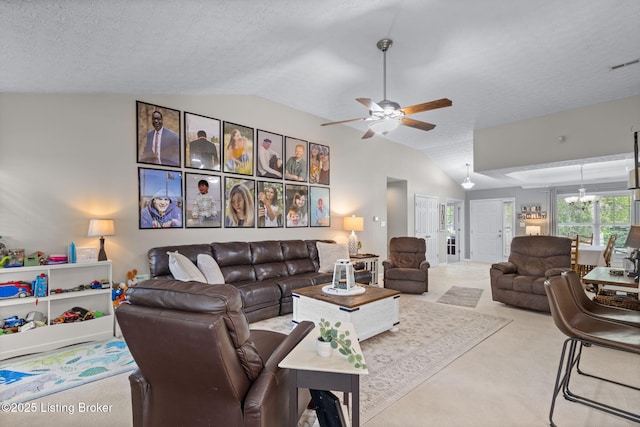 8506 Hunting Stock Pl, Louisville, KY 40291 - carpeted living room with vaulted ceiling, a ceiling fan, a textured ceiling, and a chandelier