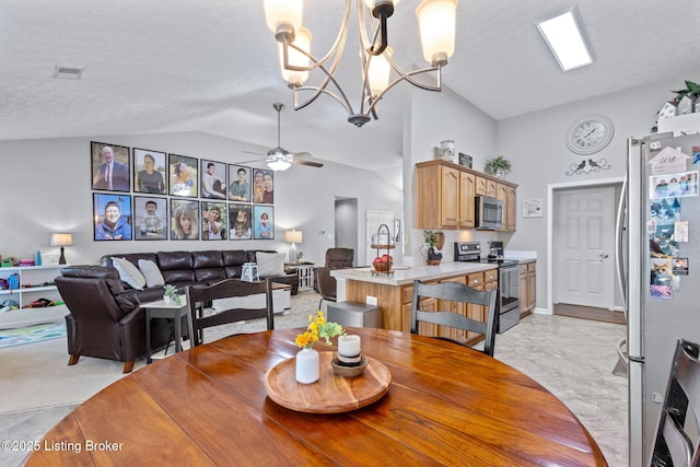 8506 Hunting Stock Pl, Louisville, KY 40291 - dining space with lofted ceiling, a ceiling fan, a chandelier, and a textured ceiling