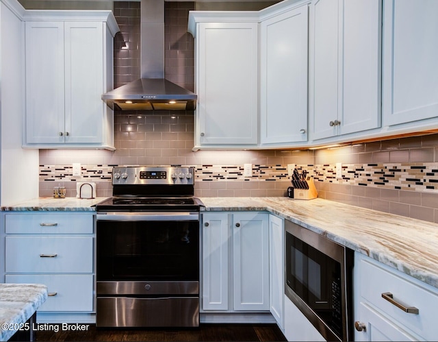 1622 Church Side Dr, Goshen, KY 40026 - kitchen with stainless steel electric stove, wall chimney range hood, built in microwave, and tasteful backsplash