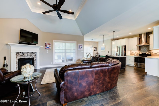 1622 Church Side Dr, Goshen, KY 40026 - living area featuring a ceiling fan, dark wood-style floors, a tiled fireplace, recessed lighting, and ornamental molding