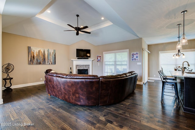 1622 Church Side Dr, Goshen, KY 40026 - living area with ceiling fan, a fireplace, a raised ceiling, dark wood-type flooring, and recessed lighting