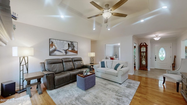 150 E Laurel River Drive Rd, Shepherdsville, KY 40165 - living area featuring light wood-style flooring, ornamental molding, a ceiling fan, recessed lighting, and baseboards
