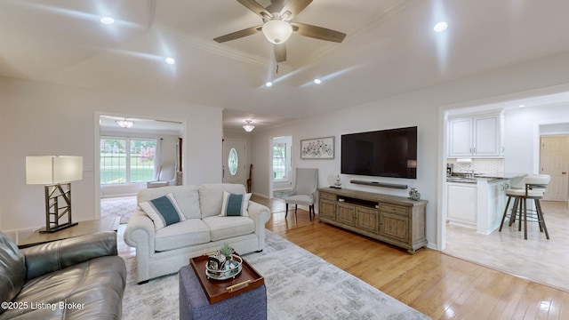 150 E Laurel River Drive Rd, Shepherdsville, KY 40165 - living room featuring light wood-style flooring, ceiling fan, crown molding, plenty of natural light, and recessed lighting