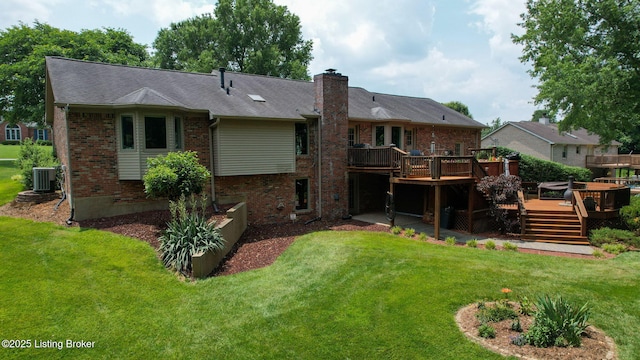 150 E Laurel River Drive Rd, Shepherdsville, KY 40165 - rear view of property with brick siding, a wooden deck, cooling unit, a chimney, and a yard