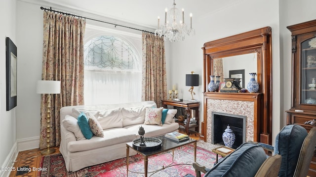 1212 S 2nd St, Louisville, KY 40203 - living room with a chandelier and a fireplace