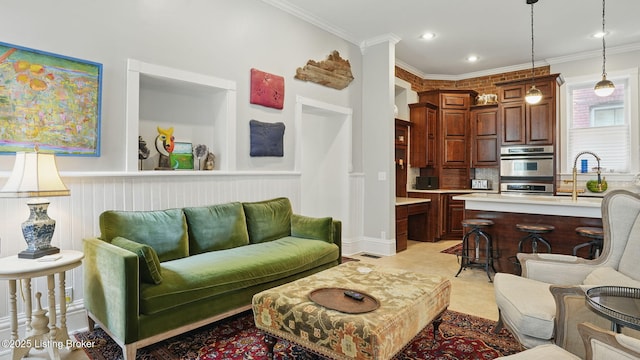 1212 S 2nd St, Louisville, KY 40203 - living room featuring ornamental molding, recessed lighting, and light tile patterned floors