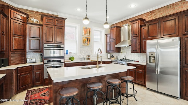 1212 S 2nd St, Louisville, KY 40203 - kitchen featuring appliances with stainless steel finishes, wall chimney range hood, decorative backsplash, light countertops, and crown molding