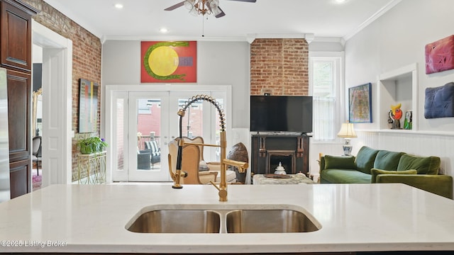 1212 S 2nd St, Louisville, KY 40203 - kitchen with crown molding, a ceiling fan, open floor plan, recessed lighting, and dark brown cabinetry