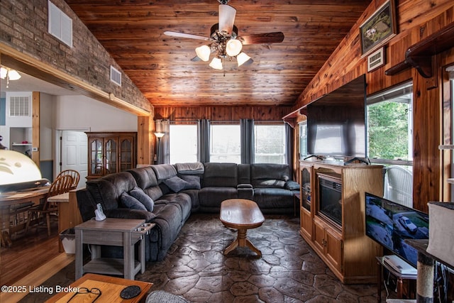201 Wildflower Ln, Big Springs, KY 40175 - living room with lofted ceiling, ceiling fan, and wooden ceiling