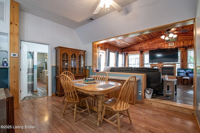 201 Wildflower Ln, Big Springs, KY 40175 - dining area with ceiling fan, lofted ceiling, wood finished floors, and a fireplace