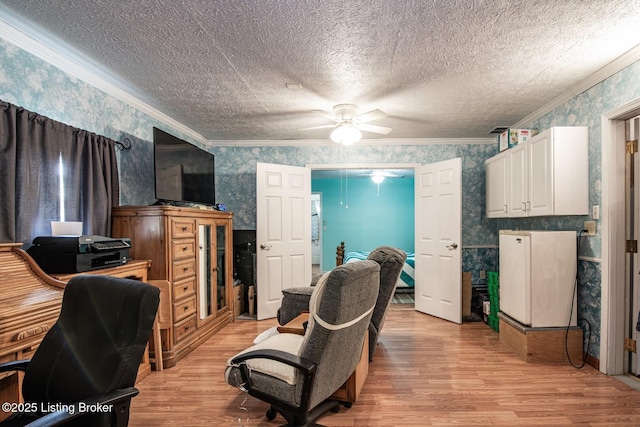 201 Wildflower Ln, Big Springs, KY 40175 - office space with wallpapered walls, ceiling fan, light wood-style floors, crown molding, and a textured ceiling