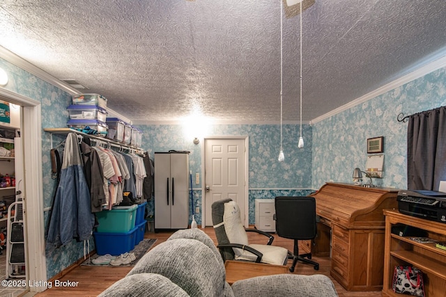 201 Wildflower Ln, Big Springs, KY 40175 - office space featuring wallpapered walls, wood finished floors, ornamental molding, and a textured ceiling