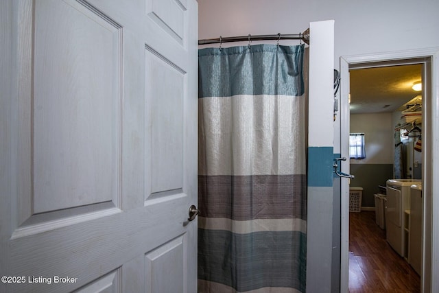 201 Wildflower Ln, Big Springs, KY 40175 - bathroom featuring wood finished floors and curtained shower