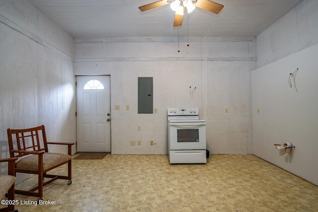 201 Wildflower Ln, Big Springs, KY 40175 - kitchen with white range with electric stovetop, electric panel, ceiling fan, and light flooring