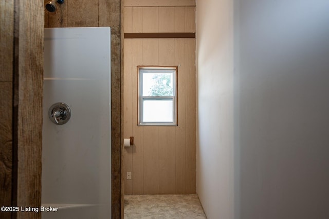 201 Wildflower Ln, Big Springs, KY 40175 - bathroom featuring a shower and wood walls