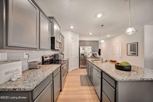 11915 Parkside Vista Ln, Louisville, KY 40229 - kitchen featuring appliances with stainless steel finishes, a sink, gray cabinetry, light wood-style floors, and decorative backsplash