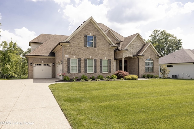 12406 Poplar Woods Dr, Goshen, KY 40026 - view of front of house with driveway, brick siding, cooling unit, and a front lawn