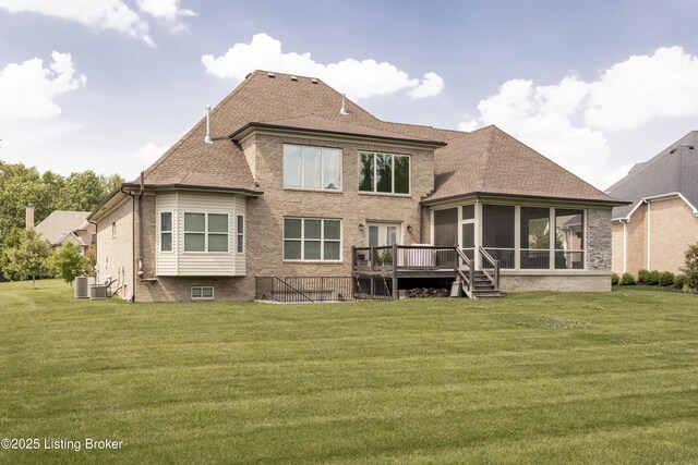 12406 Poplar Woods Dr, Goshen, KY 40026 - back of property with a sunroom, a lawn, and brick siding