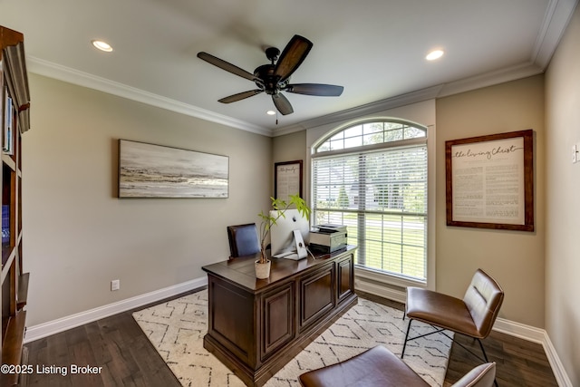 12406 Poplar Woods Dr, Goshen, KY 40026 - office with baseboards, wood finished floors, ceiling fan, recessed lighting, and ornamental molding