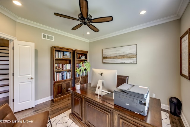 12406 Poplar Woods Dr, Goshen, KY 40026 - home office featuring ceiling fan, wood finished floors, baseboards, recessed lighting, and crown molding