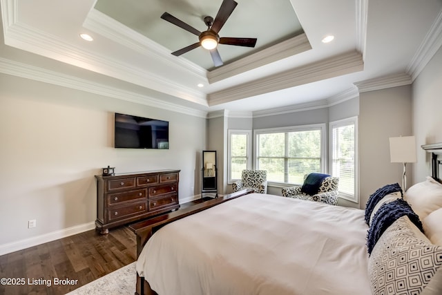 12406 Poplar Woods Dr, Goshen, KY 40026 - bedroom with a tray ceiling, wood finished floors, ornamental molding, baseboards, and ceiling fan