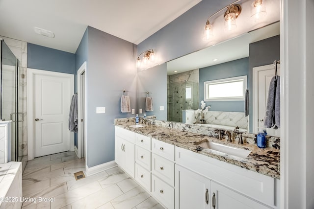 12406 Poplar Woods Dr, Goshen, KY 40026 - full bath featuring a shower stall, double vanity, baseboards, and marble look tiles