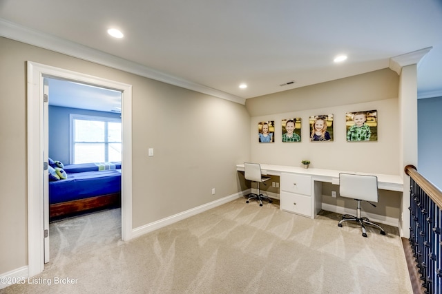 12406 Poplar Woods Dr, Goshen, KY 40026 - home office with light carpet, ornamental molding, baseboards, built in study area, and recessed lighting