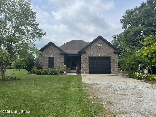 140 Ranch Ln, Loretto, KY 40037 - view of front of house featuring concrete driveway, a garage, brick siding, and a front lawn