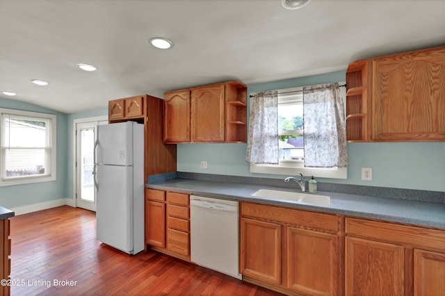 3707 Lentz Ave, Louisville, KY 40215 - kitchen with white appliances, a sink, open shelves, healthy amount of natural light, and recessed lighting