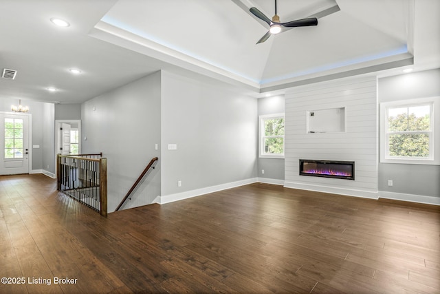 912 Artisan Pkwy, La Grange, KY 40031 - unfurnished living room with dark wood finished floors, recessed lighting, a large fireplace, baseboards, and a ceiling fan