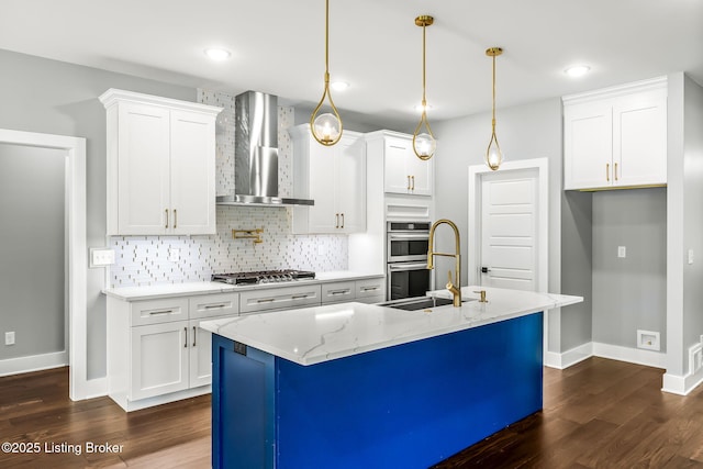 912 Artisan Pkwy, La Grange, KY 40031 - kitchen featuring wall chimney exhaust hood, appliances with stainless steel finishes, baseboards, dark wood-style floors, and a sink