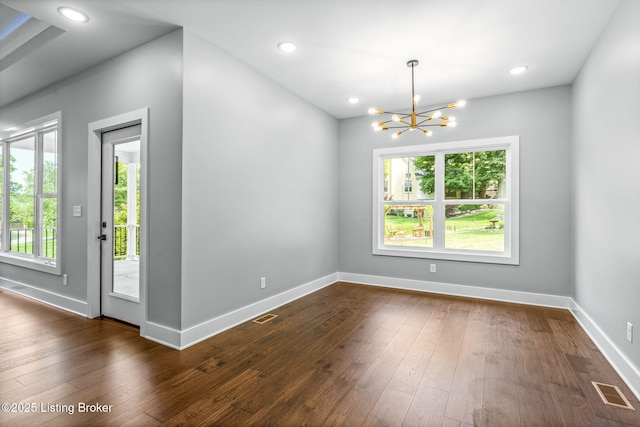 912 Artisan Pkwy, La Grange, KY 40031 - empty room with a chandelier, dark wood-type flooring, baseboards, and recessed lighting
