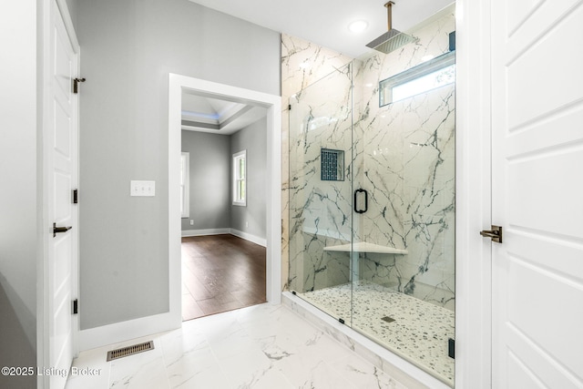 912 Artisan Pkwy, La Grange, KY 40031 - full bathroom with a marble finish shower, baseboards, marble finish floors, and recessed lighting