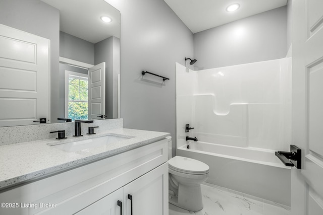 912 Artisan Pkwy, La Grange, KY 40031 - bathroom featuring vanity, bathtub / shower combination, toilet, marble finish floors, and recessed lighting