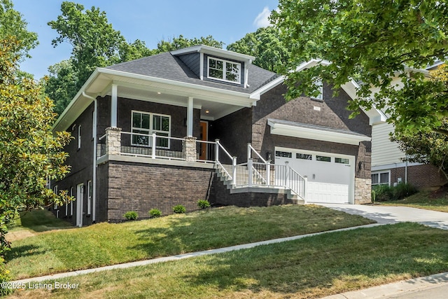 912 Artisan Pkwy, La Grange, KY 40031 - craftsman-style house featuring concrete driveway, a porch, stone siding, an attached garage, and a front lawn