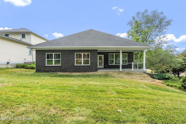 912 Artisan Pkwy, La Grange, KY 40031 - rear view of house with a yard, roof with shingles, a ceiling fan, a patio area, and brick siding