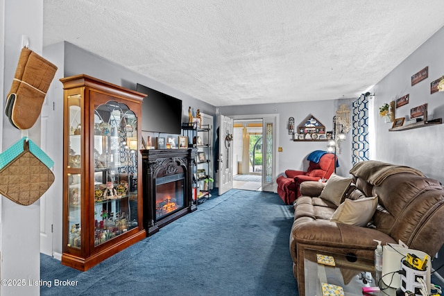 1261 Lipps Ln, Louisville, KY 40219 - living room featuring carpet floors, a glass covered fireplace, and a textured ceiling