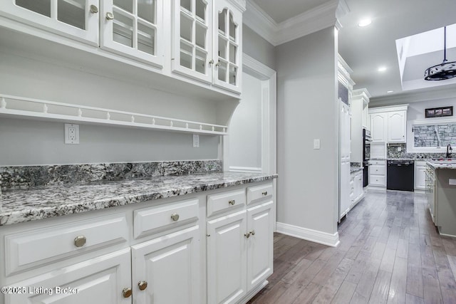 603 Woodlake Dr, Louisville, KY 40245 - kitchen with dishwasher, ornamental molding, white cabinetry, glass insert cabinets, and decorative backsplash