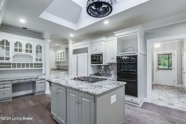 603 Woodlake Dr, Louisville, KY 40245 - kitchen featuring open shelves, black appliances, ornamental molding, a center island, and white cabinets