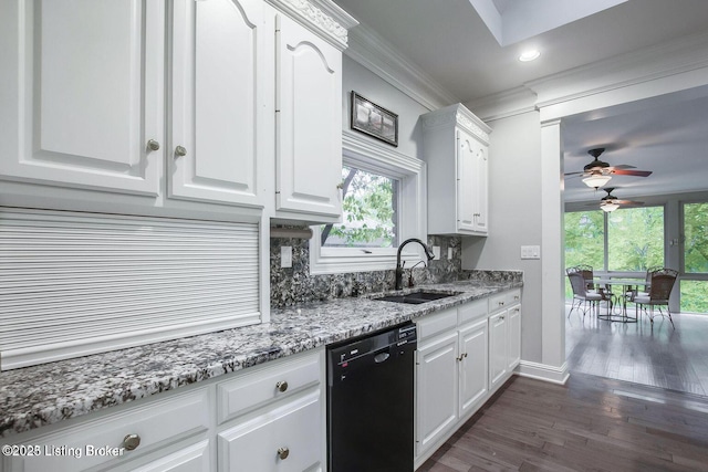 603 Woodlake Dr, Louisville, KY 40245 - kitchen with black dishwasher, a sink, ceiling fan, plenty of natural light, and crown molding