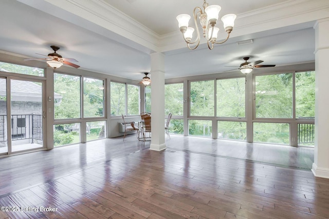 603 Woodlake Dr, Louisville, KY 40245 - unfurnished sunroom featuring healthy amount of natural light, hardwood / wood-style flooring, a chandelier, and crown molding