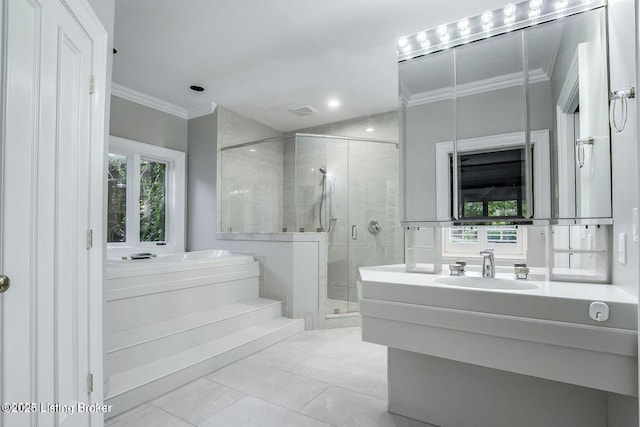 603 Woodlake Dr, Louisville, KY 40245 - bathroom featuring crown molding, a bath, a stall shower, vanity, and tile patterned floors