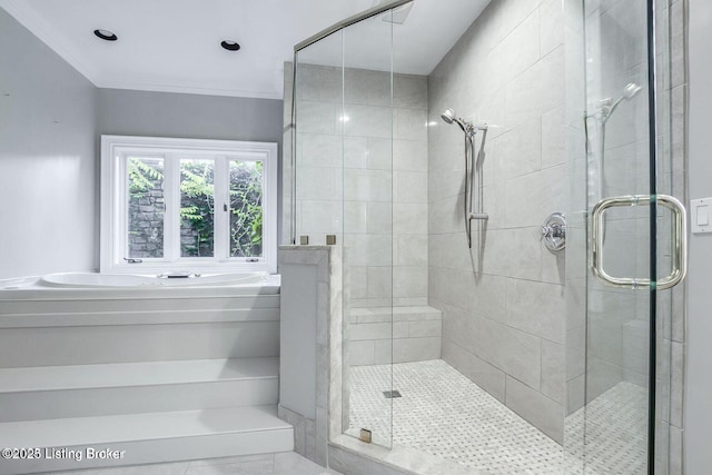 603 Woodlake Dr, Louisville, KY 40245 - bathroom with a shower stall, a garden tub, ornamental molding, and marble finish flooring