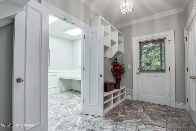 603 Woodlake Dr, Louisville, KY 40245 - mudroom with marble look tile flooring, crown molding, and a chandelier