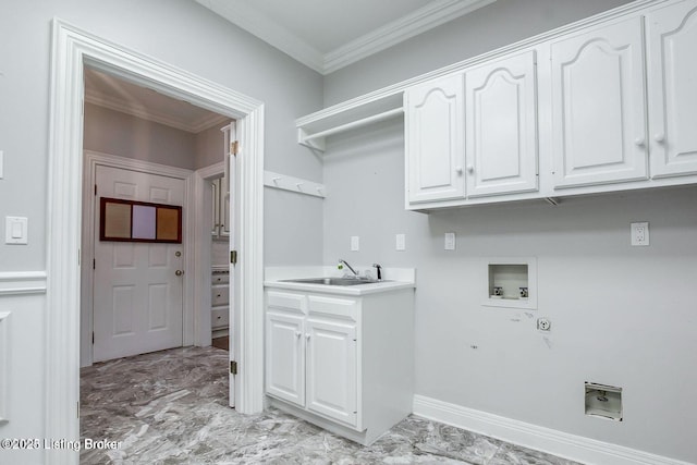 603 Woodlake Dr, Louisville, KY 40245 - laundry room featuring cabinet space, washer hookup, light marble finish floors, crown molding, and hookup for an electric dryer