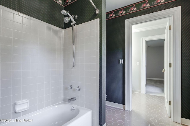 603 Woodlake Dr, Louisville, KY 40245 - full bathroom featuring washtub / shower combination, tile patterned floors, baseboards, and ornamental molding