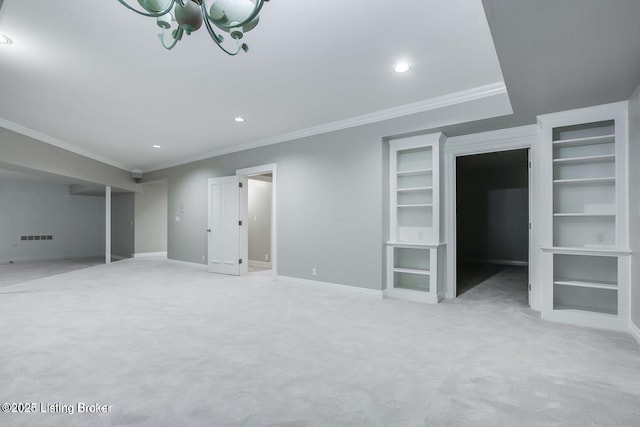 603 Woodlake Dr, Louisville, KY 40245 - unfurnished living room featuring crown molding, baseboards, a chandelier, recessed lighting, and carpet floors
