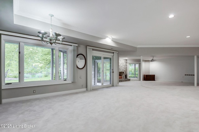 603 Woodlake Dr, Louisville, KY 40245 - unfurnished living room featuring a chandelier, ornamental molding, baseboards, carpet, and recessed lighting