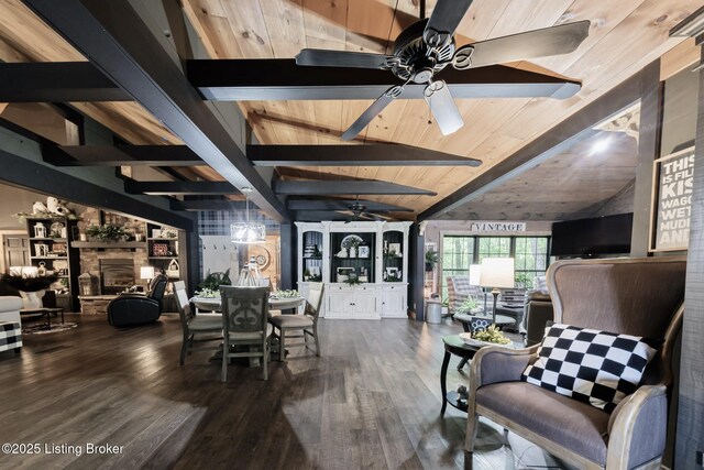 282 Lakeview Ln, Mcdaniels, KY 40152 - dining room with ceiling fan, wood finished floors, and wooden ceiling